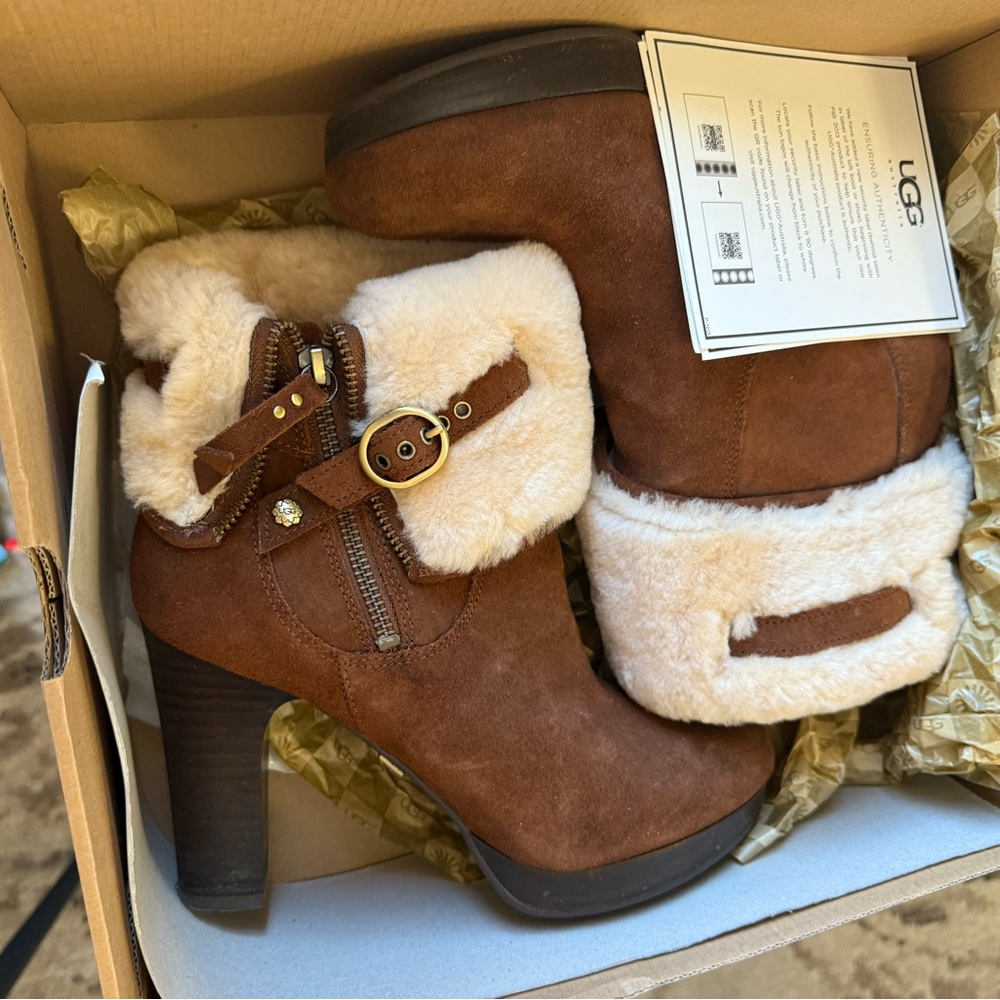 UGG Scarlett Brown Suede Ankle Boots with Cream Fur, Size 8